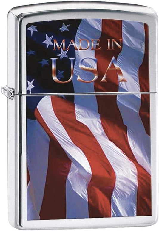 Zippo Made in USA American Flag, Brushed Chrome Lighter #24797