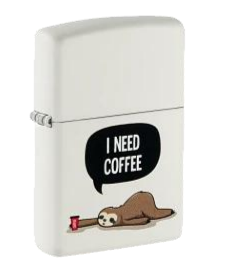 Zippo Sloth I Need Coffee Design, White Matte Lighter #48649