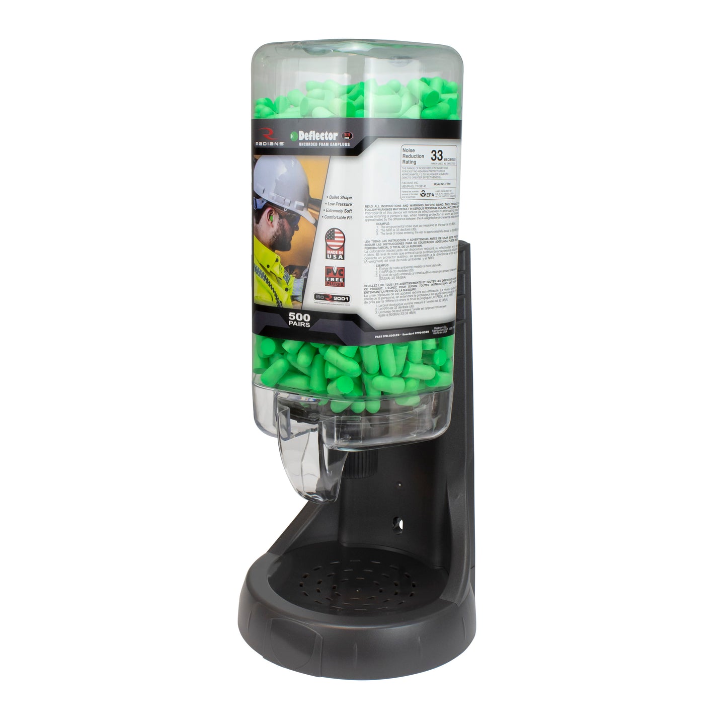 Radians Refillable Dispenser with EVADER FP94 Plugs, 500 Pair #FPD-500L94