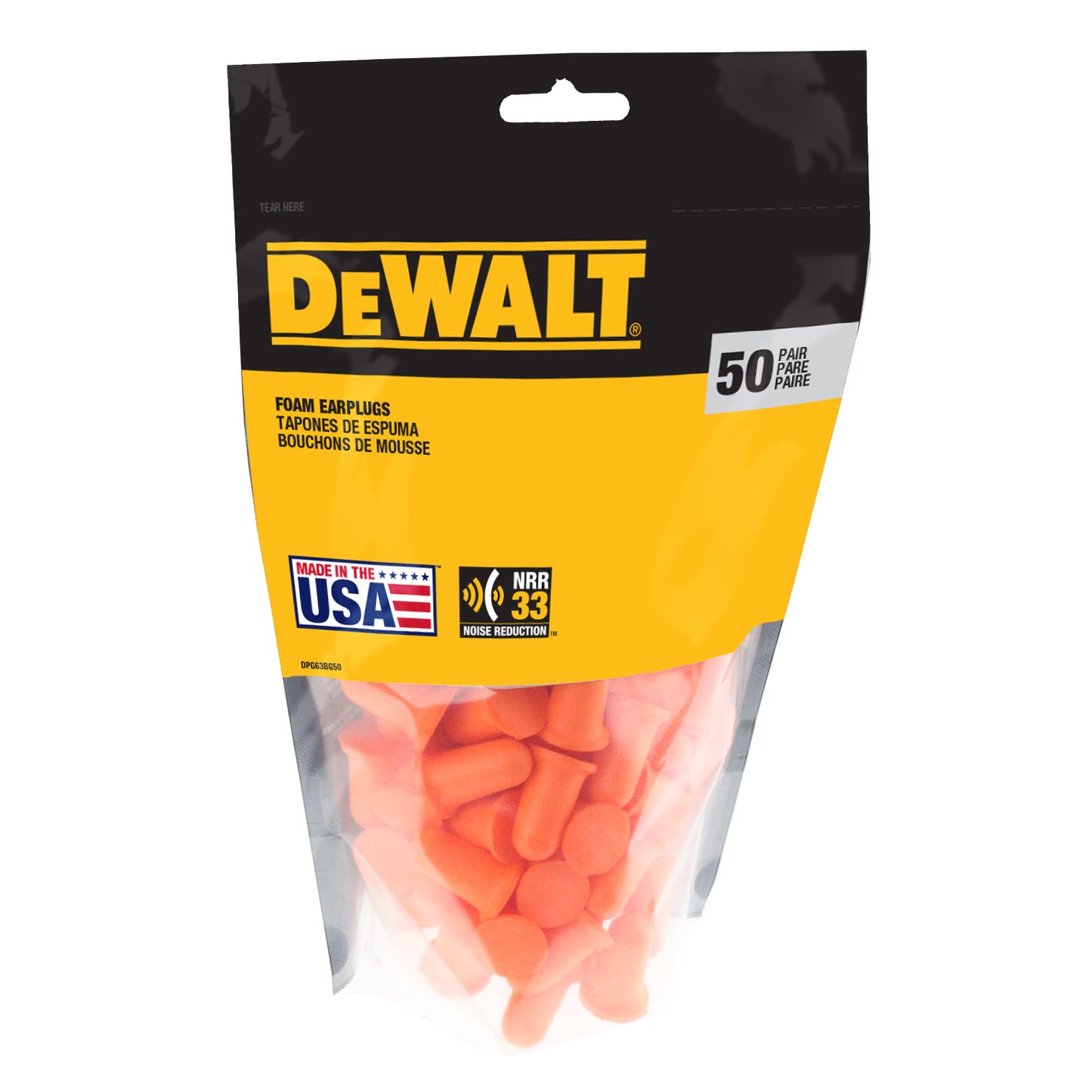 DeWalt Orange Bell NRR33 Foam Earplugs, Uncorded, 50 Pair Resealable Bag #DPG63BG50