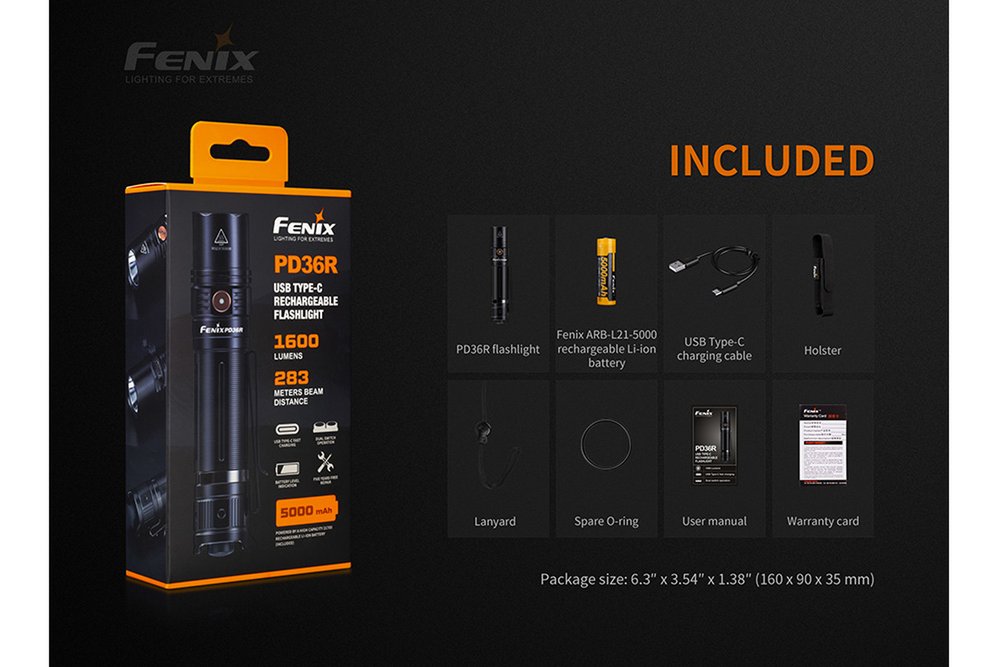 Fenix PD36R Rechargeable Tactical Flashlight, 1600 Lumens + Accessories #PD36R