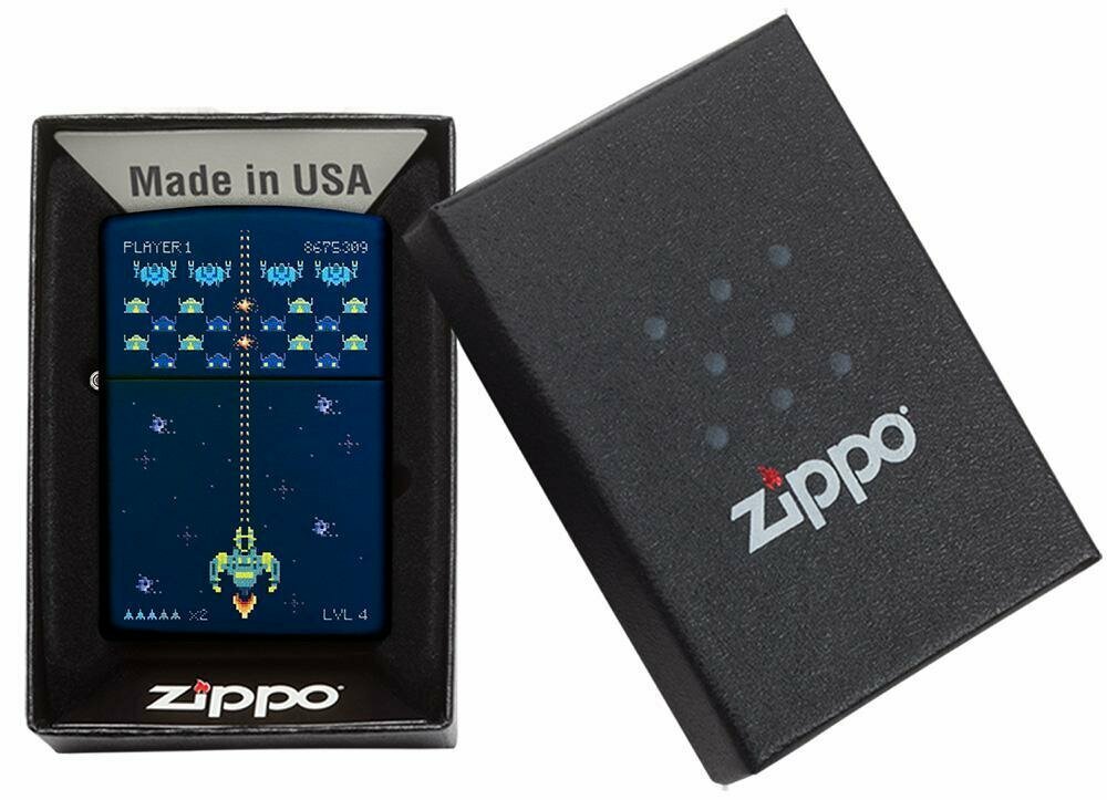 Zippo Space Invaders Pixel Retro Game, Navy Blue Matte Windproof Light