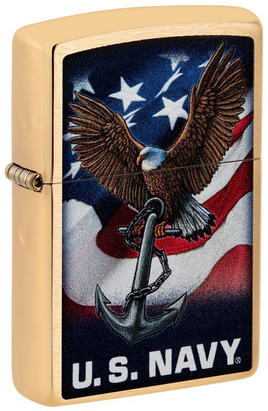 Zippo USA Navy Eagle and Flag Design, Brushed Brass Lighter #48549