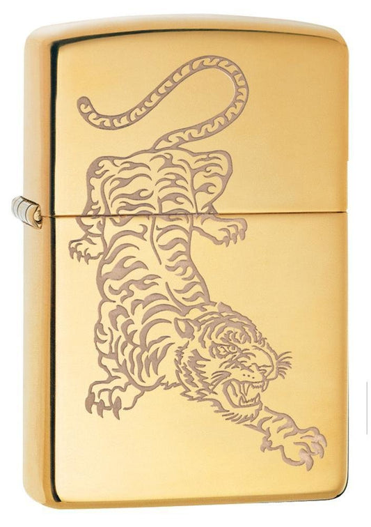 Zippo Tiger Design, Engraved High Polish Brass Genuine Windproof Lighter #29884