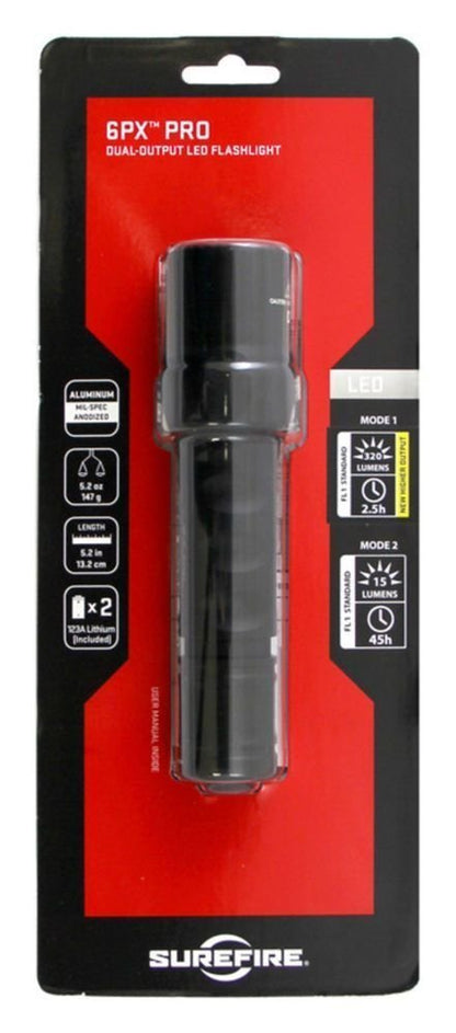Surefire PRO, 320 Lumens Dual-Output LED Flashlight, Mil-Spec Alum #6PX-D-BK
