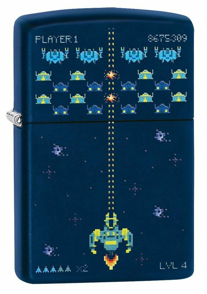 Zippo Space Invaders Pixel Retro Game, Navy Blue Matte Windproof