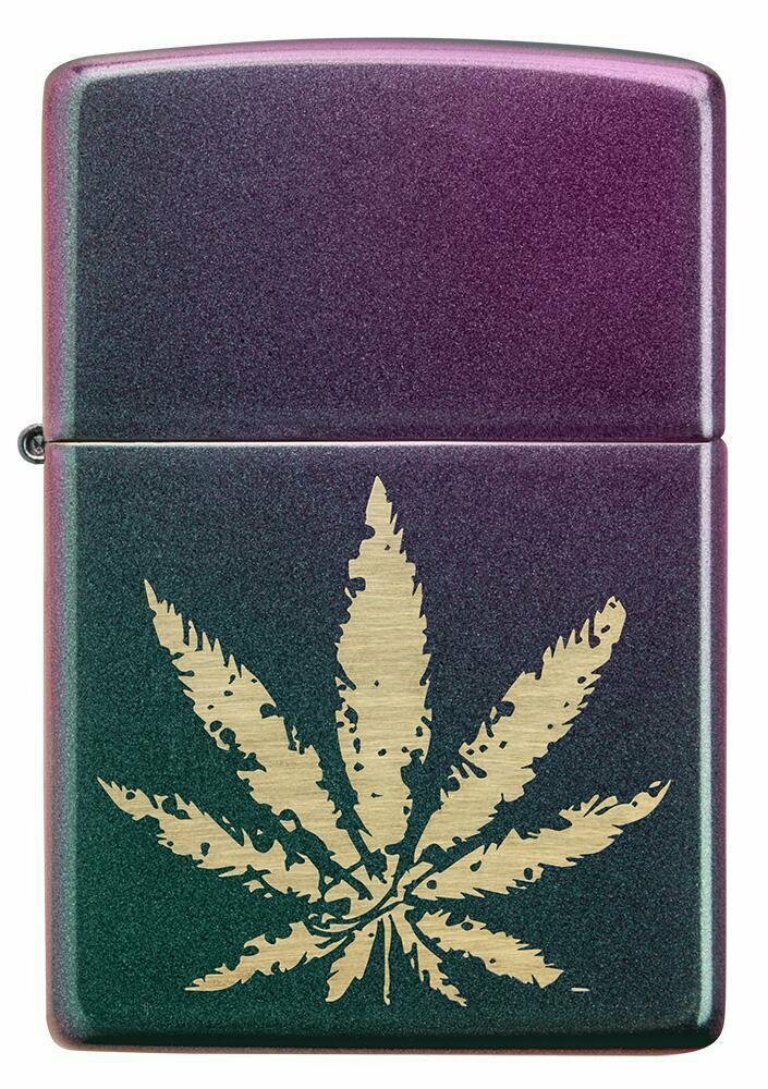 Zippo Brass Marijuana Leaf on Iridescent Violet Satin, Pocket Lighter #49185