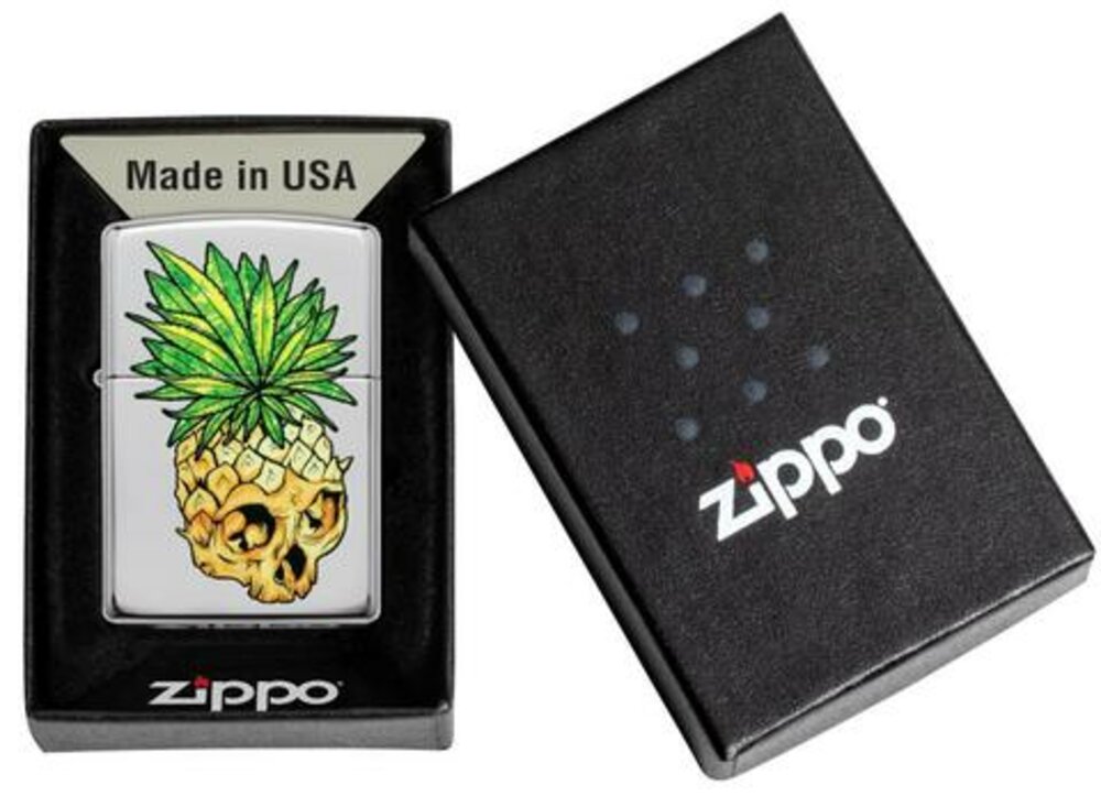 Zippo Pineapple Skull Cannabis Design, High Polish Chrome Lighter #49241