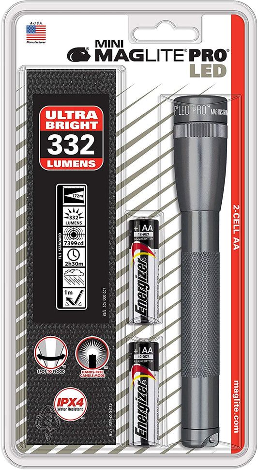 MAGLITE Mini PRO LED Flashlight, Gray, 2-Cell AA + Holster, 332 Lumens #SP2P09H