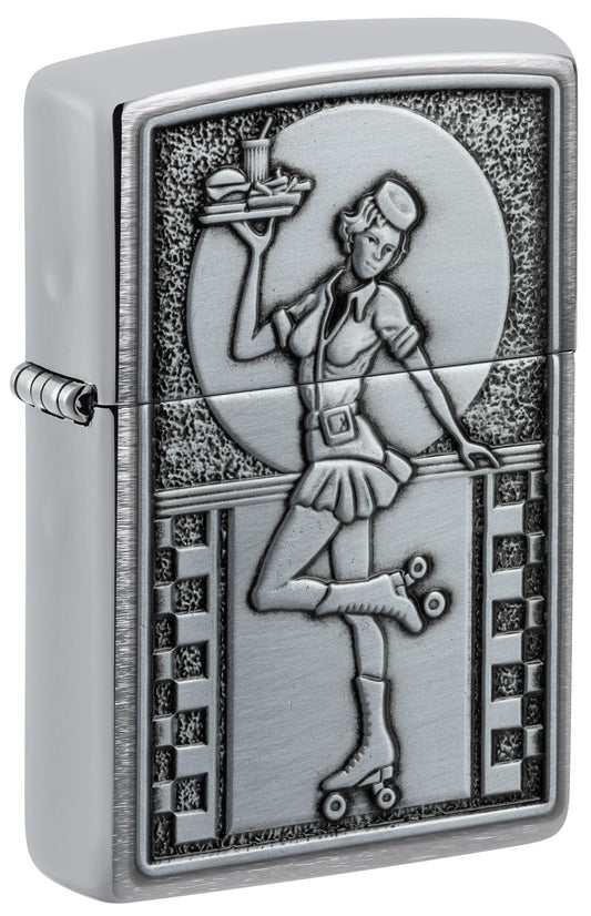 Zippo Rollerskate Waitress Emblem, Brushed Chrome Lighter #48904