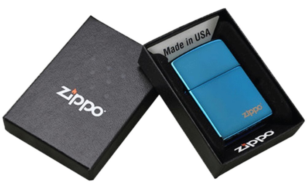 Zippo Sapphire Blue Logo Lighter & Black Leather Pouch Gift Box Set