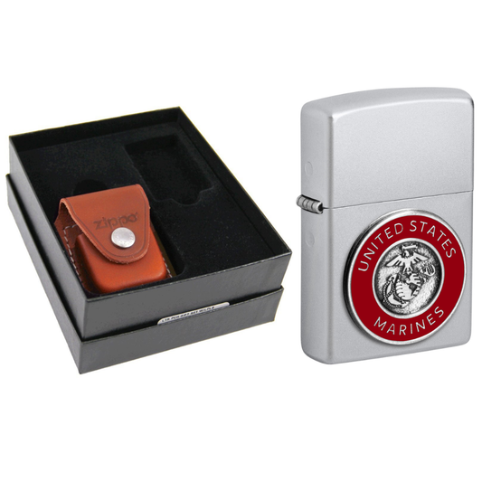 Zippo USMC Satin Chrome Lighter & Brown Leather Pouch Gift Box Set