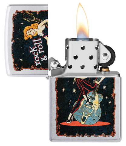 Zippo Cool Chick Rock and Roll Design, Satin Chrome Lighter #48930