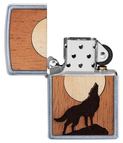 Zippo WOODCHUCK Howling Wolf, Real Wood, Street Chrome Finish Lighter #49043