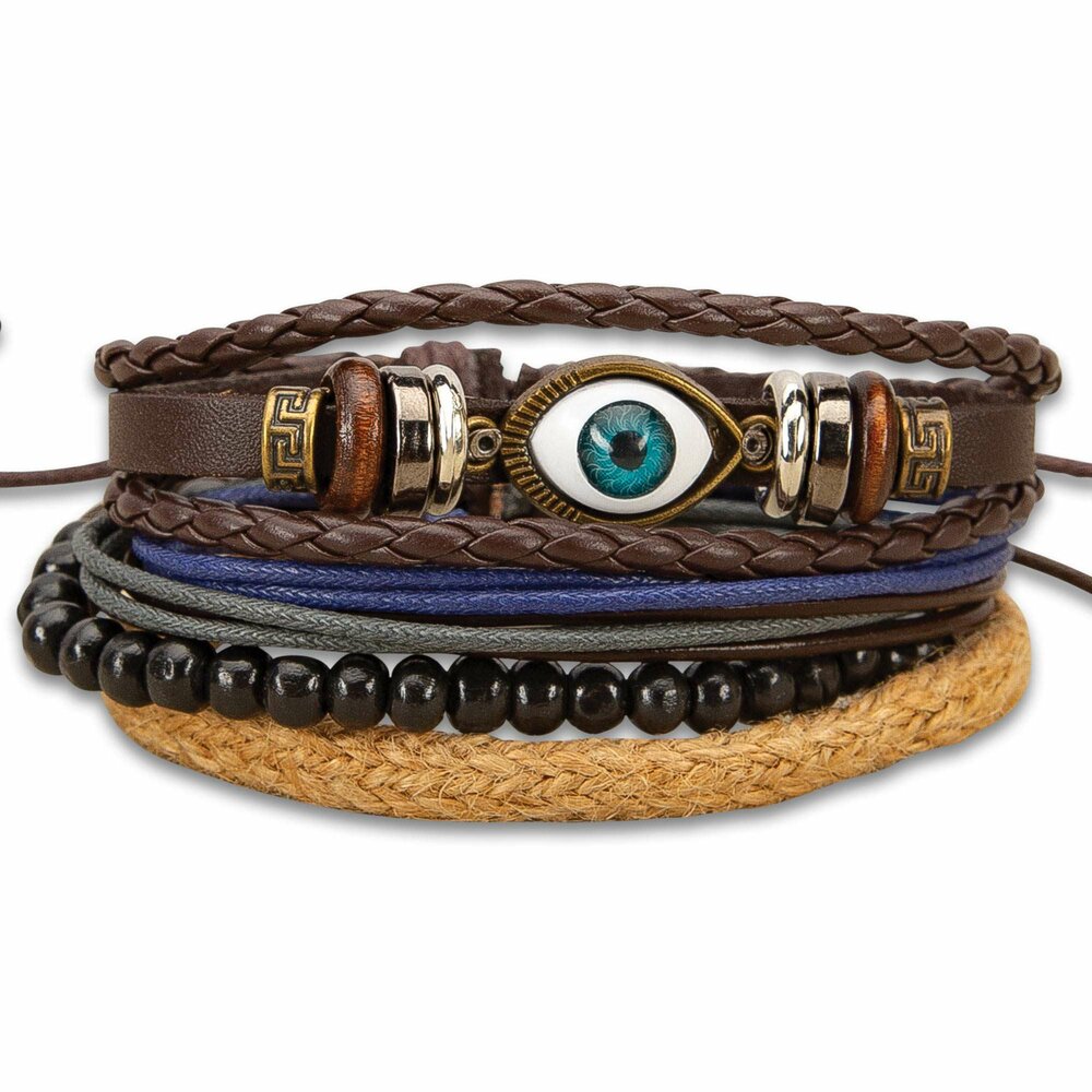 Inner Eye Stacked Bracelets- Set of 4 - Leather, Wooden Beads, Jute #BK4773