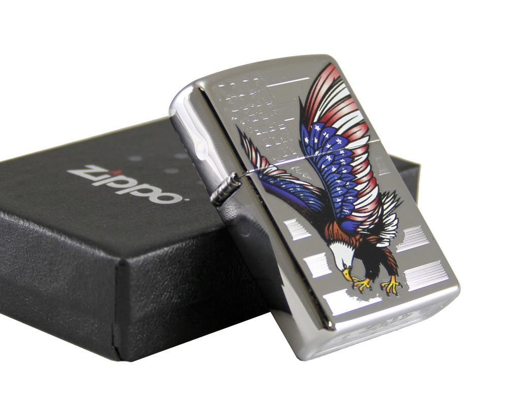 Zippo American Flag Eagle High Polish & Black Leather Pouch Gift Set