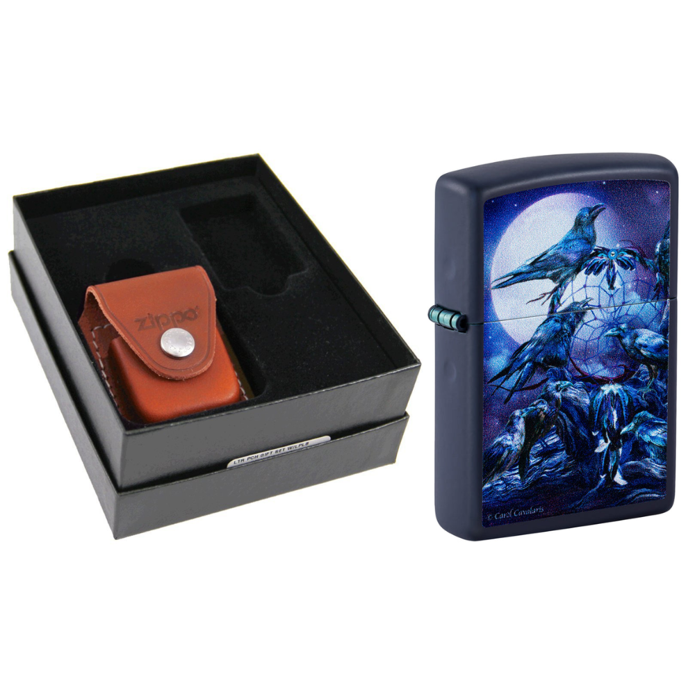 Zippo Raven Dreams Navy Matte Lighter & Leather Pouch Gift Box Set