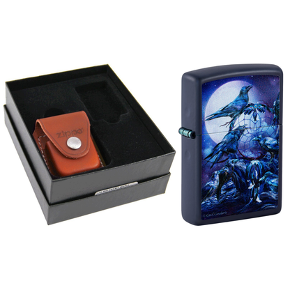 Zippo Raven Dreams Navy Matte Lighter & Leather Pouch Gift Box Set