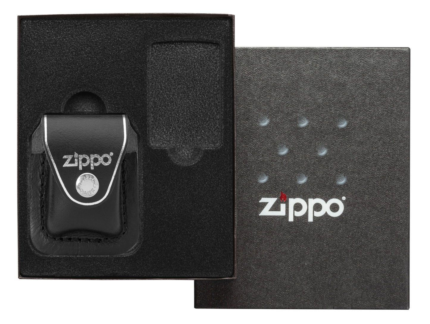 Zippo White Matte Custom Lighter & Black Clip-On Leather Pouch Gift Set