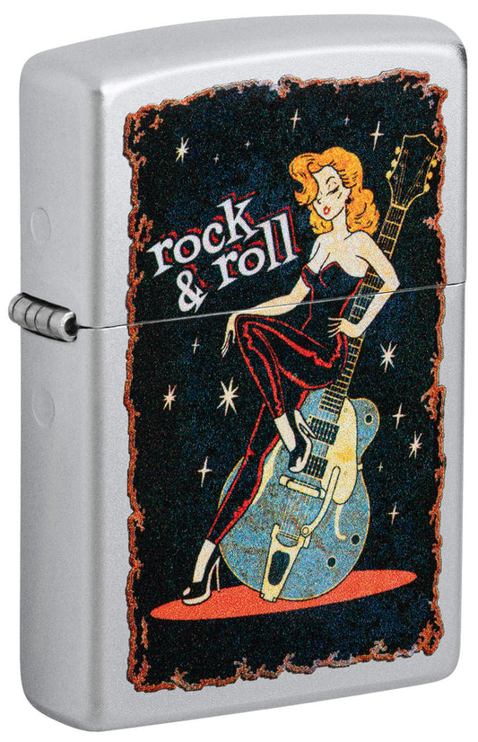 Zippo Cool Chick Rock and Roll Design, Satin Chrome Lighter #48930