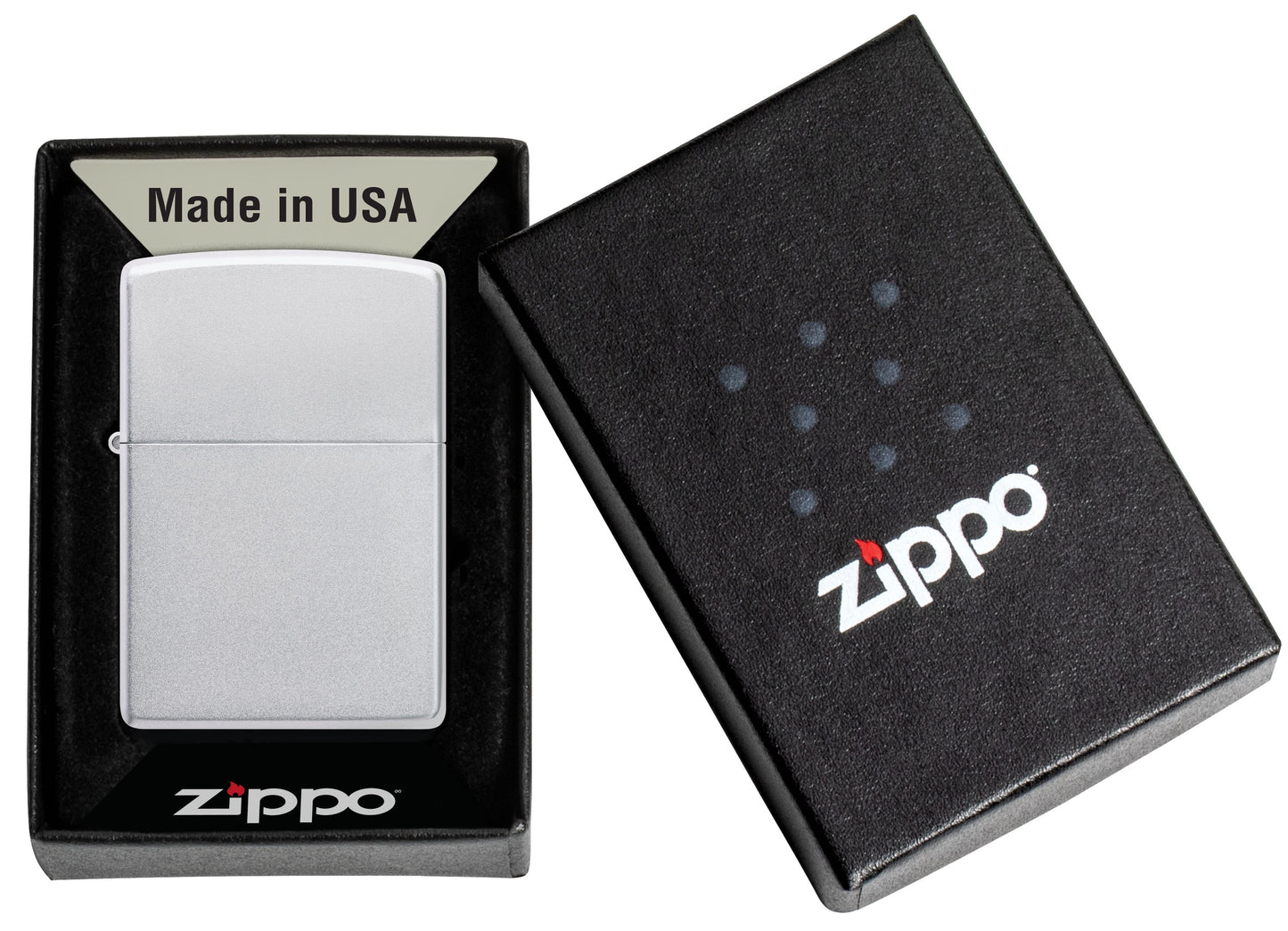 Zippo Satin Chrome Lighter & Black Clip-On Leather Pouch Gift Box Set