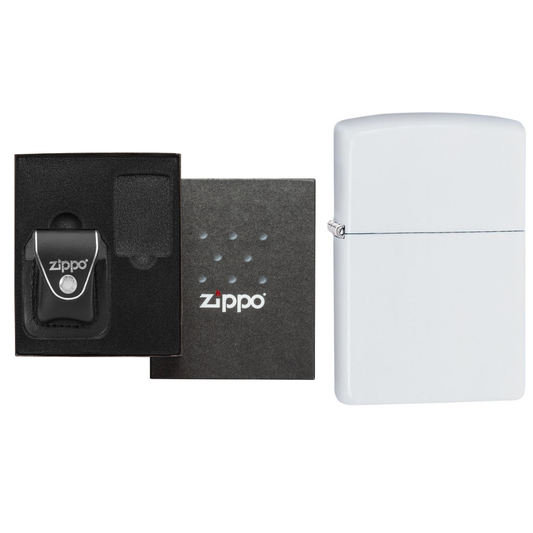 Zippo White Matte Custom Lighter & Black Clip-On Leather Pouch Gift Set