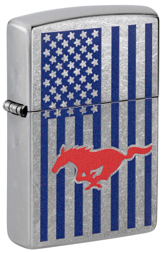 Zippo Ford Mustang Automobile Logo on USA Flag, Street Chrome Lighter #48754