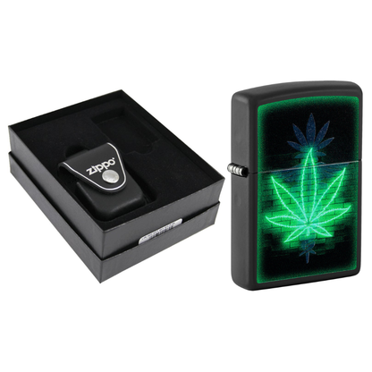 Zippo Blacklight Cannabis Lighter & Black Leather Pouch Gift Box Set