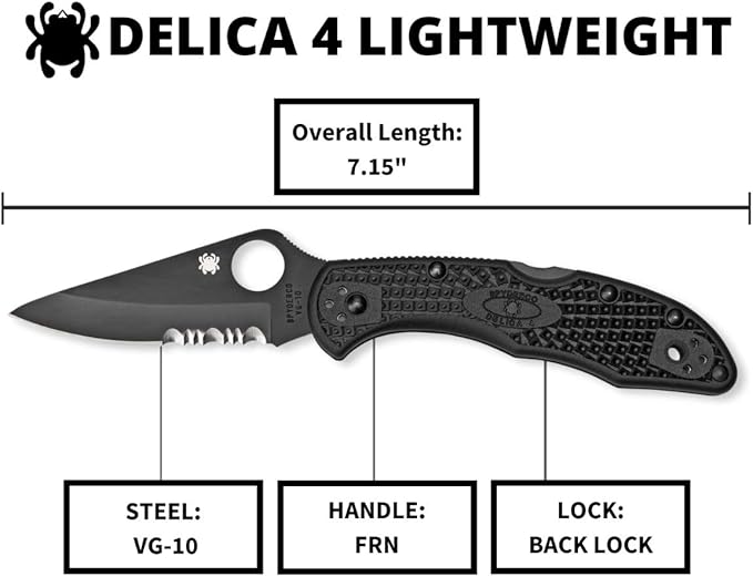 Spyderco Delica 4 FRN Black Half Serrated Folding Knife #C11PSBBK