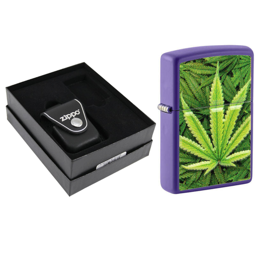 Zippo Textured Weed Leaf Purple Matte & Black Leather Pouch Gift Box Set