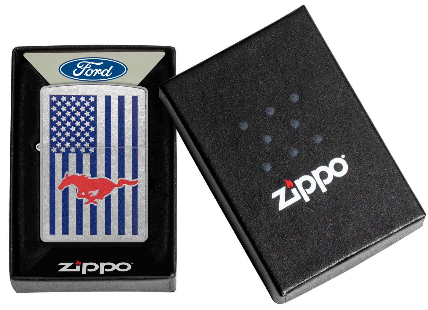 Zippo Ford Mustang Automobile Logo on USA Flag, Street Chrome Lighter #48754