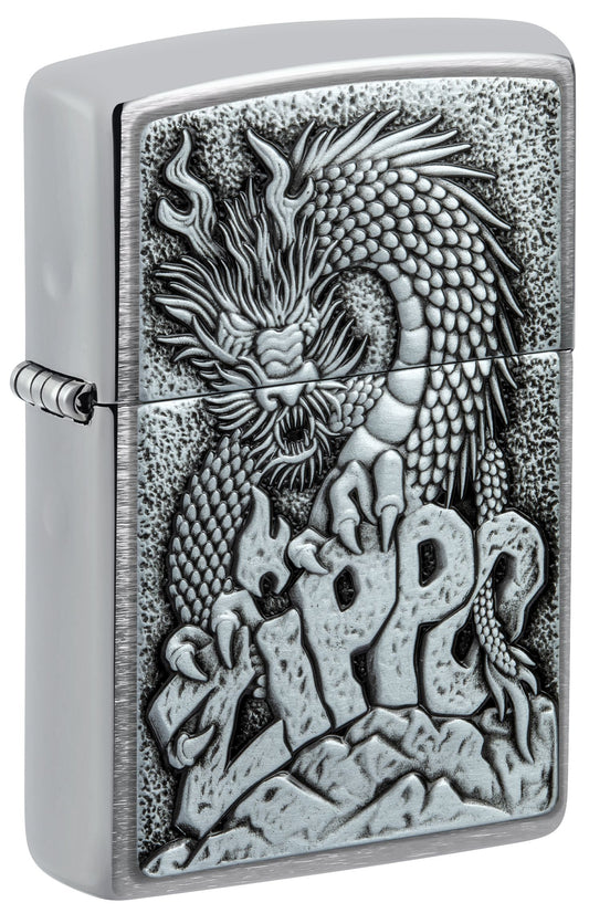 Zippo Dragon on Logo, Brushed Chrome Emblem Lighter #48902