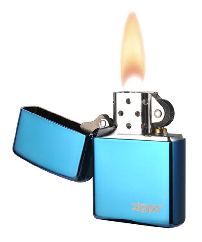 Zippo Sapphire Blue Logo Lighter & Black Leather Pouch Gift Box Set