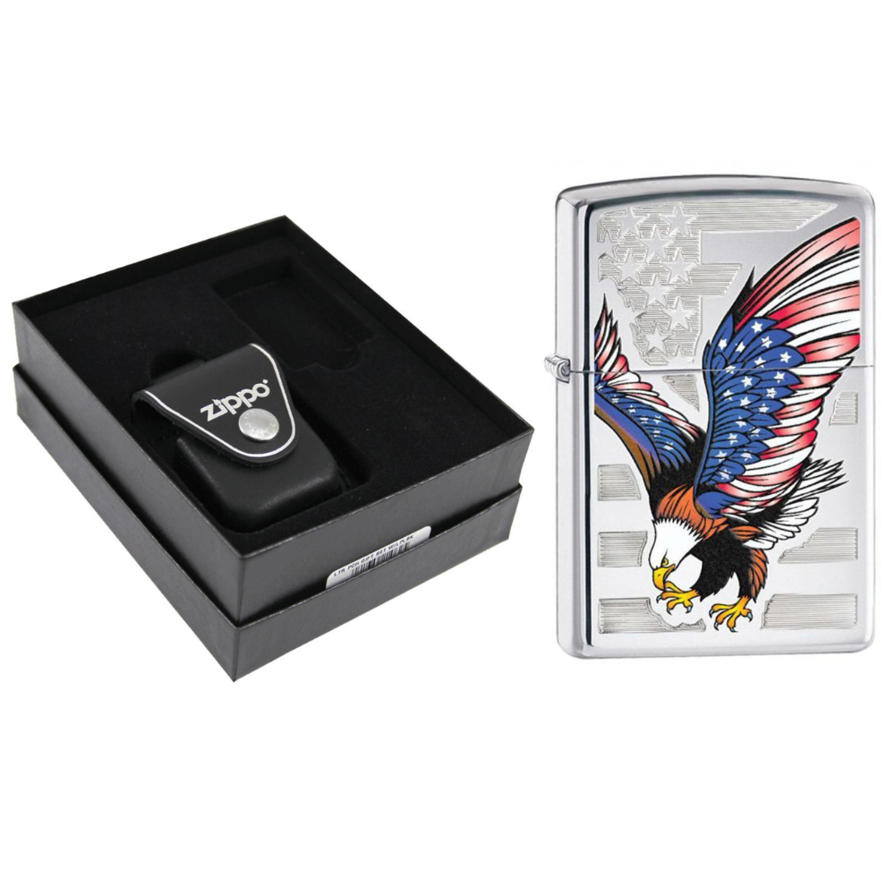 Zippo American Flag Eagle High Polish & Black Leather Pouch Gift Set