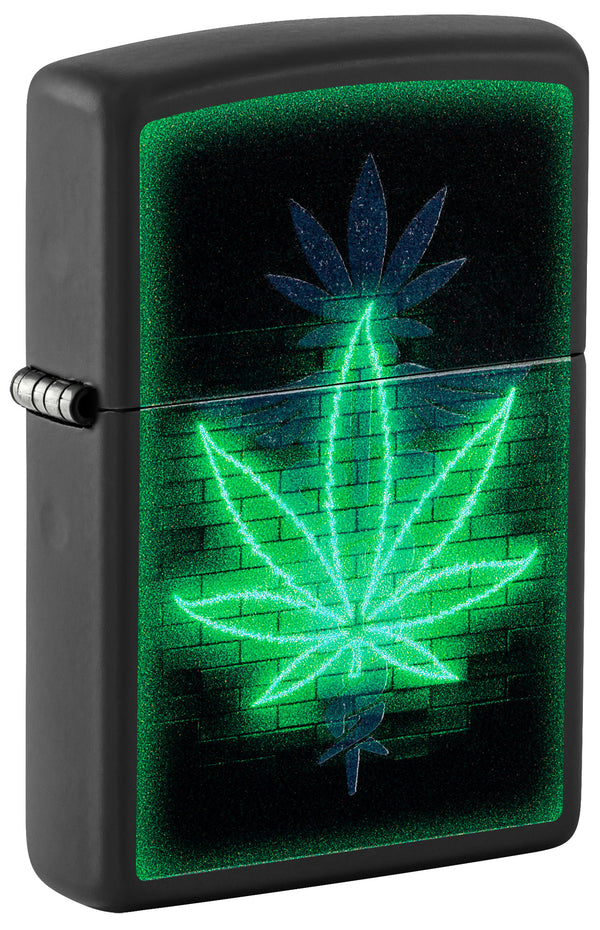 Zippo Gleaming Cannabis Leaf Design Black Matte Lighter #46266