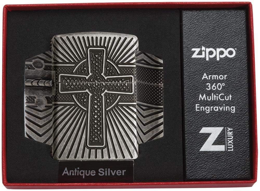 Zippo Celtic Cross and Knot, Antique Silver Multicut Armor Lighter #29667