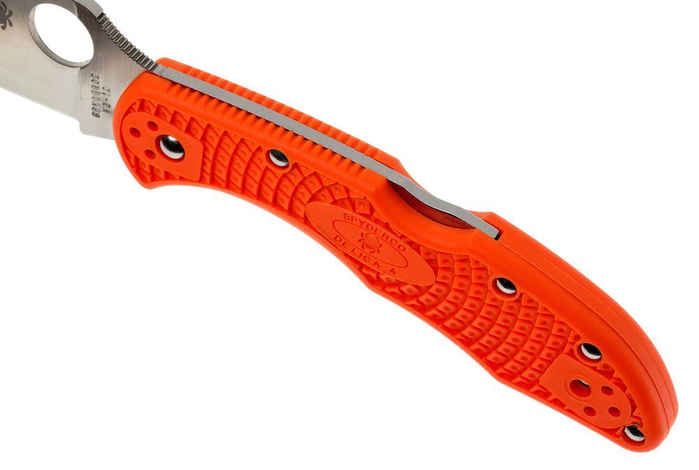 Spyderco Delica Knife, Flat Ground Blade, Orange VG-10 FRN Handle #C11FPOR