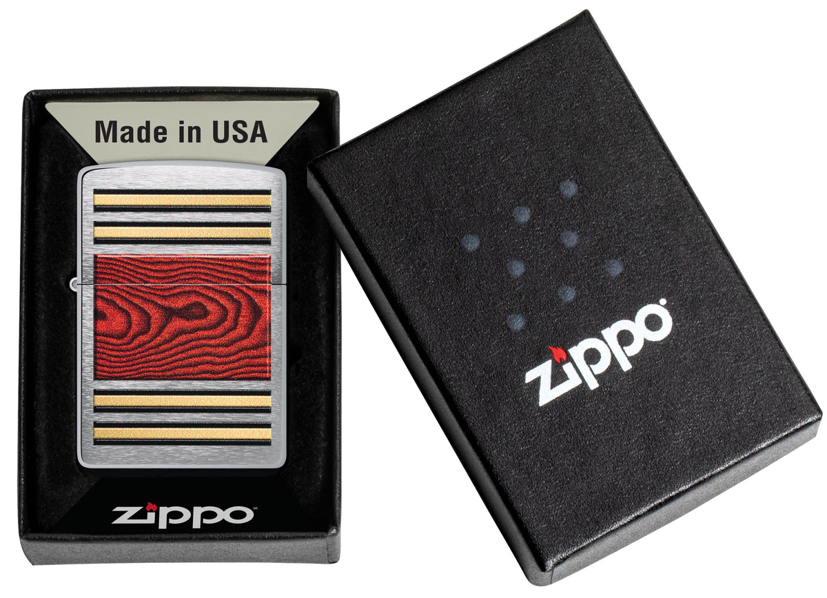 Zippo Wood Grain Racing Stripe, Brushed Chrome Lighter #47187