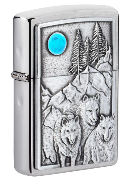 Zippo Wolf Pack and Moon Emblem, Brushed Chrome Lighter #49295