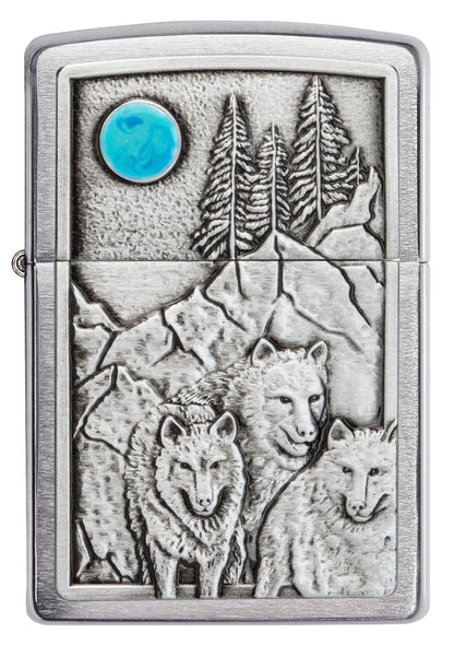 Zippo Wolf Pack and Moon Emblem, Brushed Chrome Lighter #49295