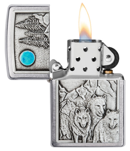 Zippo Wolf Pack and Moon Emblem, Brushed Chrome Lighter #49295