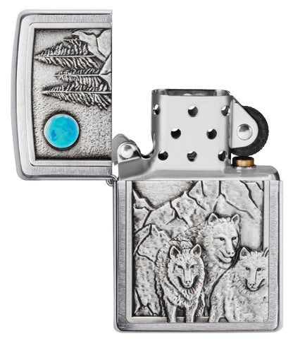 Zippo Wolf Pack and Moon Emblem, Brushed Chrome Lighter #49295