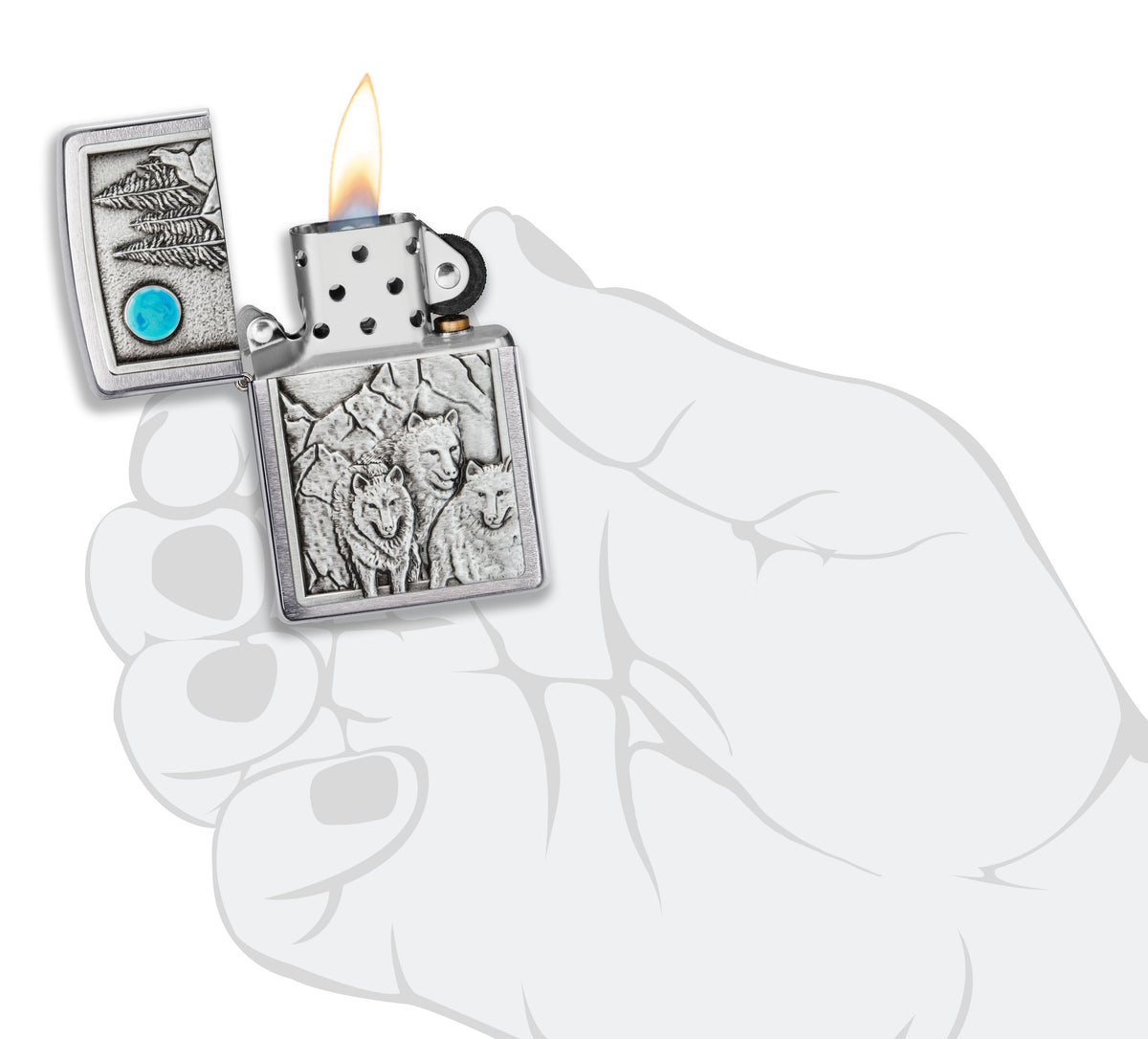 Zippo Wolf Pack and Moon Emblem, Brushed Chrome Lighter #49295