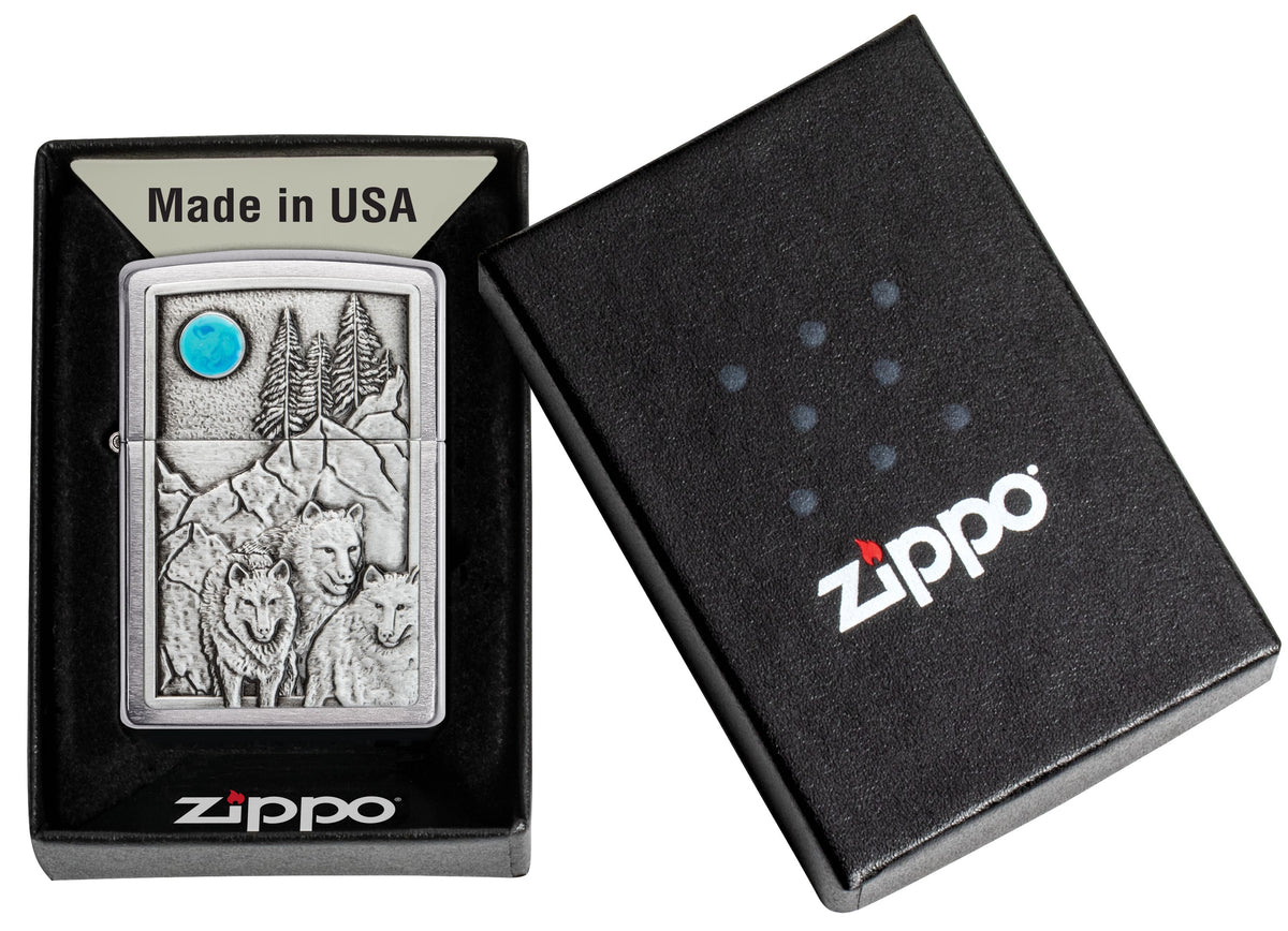 Zippo Wolf Pack and Moon Emblem, Brushed Chrome Lighter #49295