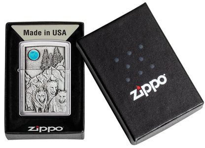 Zippo Wolf Pack and Moon Emblem, Brushed Chrome Lighter #49295