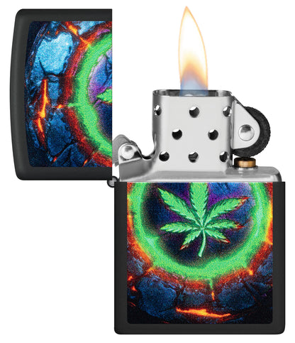 Zippo Cannabis Leaf Neon Glow, Black Matte Lighter #47216