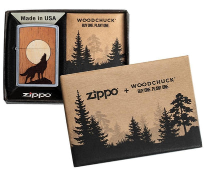 Zippo WOODCHUCK Howling Wolf, Real Wood, Street Chrome Finish Lighter #49043