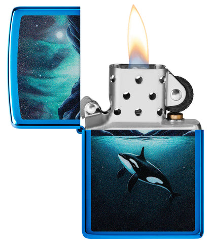 Zippo Orca Killer Whale Design, High Polish Blue Lighter #48984