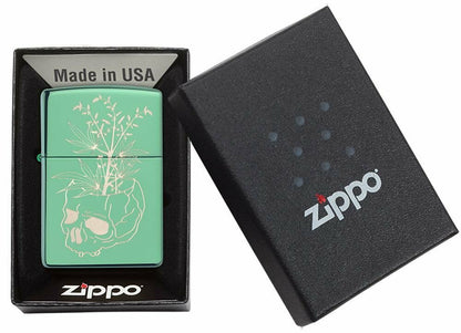 Zippo Botanical Skull Cannabis, Laser Engraved, High Polish Green Lighter #49142
