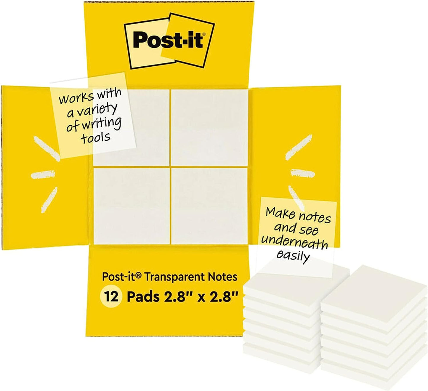 3M Post-it Transparent Notes, 12 Pads, 36 Sheets ea. (73 mm x 73 mm) #600-TRSPT